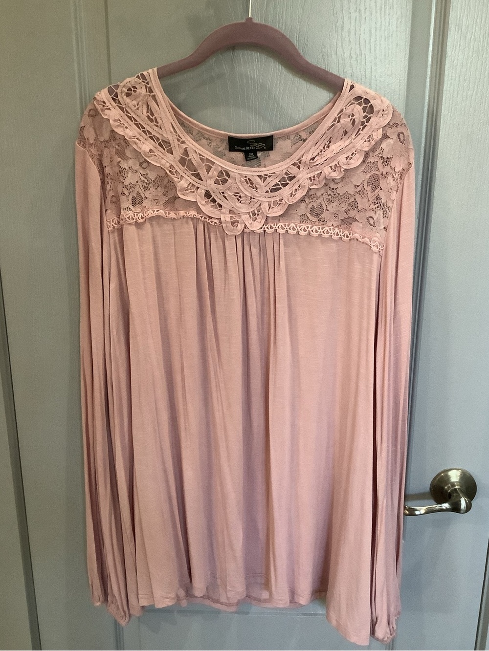 Suzanne Betro Blush Pink Lace Yoke Long-Sleeve Blouse